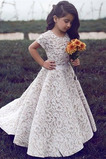 Λουλούδι κορίτσι φορέματα Δαντέλα Κοντομάνικο Επίσημη Χάνει Φερμουάρ επάνω Καλοκαίρι