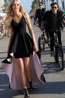 Μπάλα φορέματα Ασύμμετρη υψηλή Χαμηλή Φυσικό Ελαστικό σατέν Τιράντες σπαγγέτι