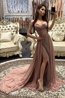 Βραδινά φορέματα Σέξι Σιφόν Μηρό-υψηλές σχισμή Φυσικό Φερμουάρ επάνω