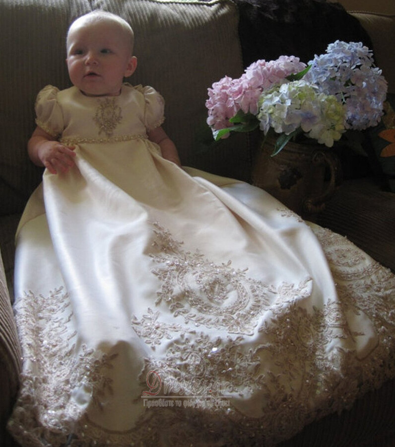 Επίσημη Κόσμημα Δαντέλα Μικρό πουφ μανίκια Φόρεμα Βάπτισης