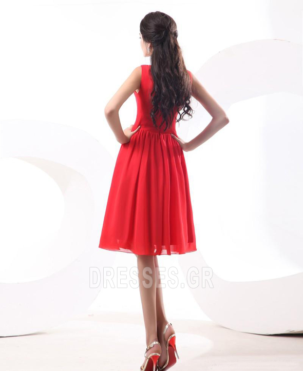 Λαιμόκοψη V Κόκκινο Φυσικό Μέχρι το Γόνατο Παράνυμφος φορέματα