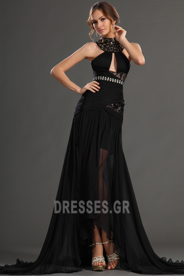 Μαύρο Κλειδαρότρυπα ντεκολτέ Σιφόν Χαμηλή Μέση Μπάλα φορέματα