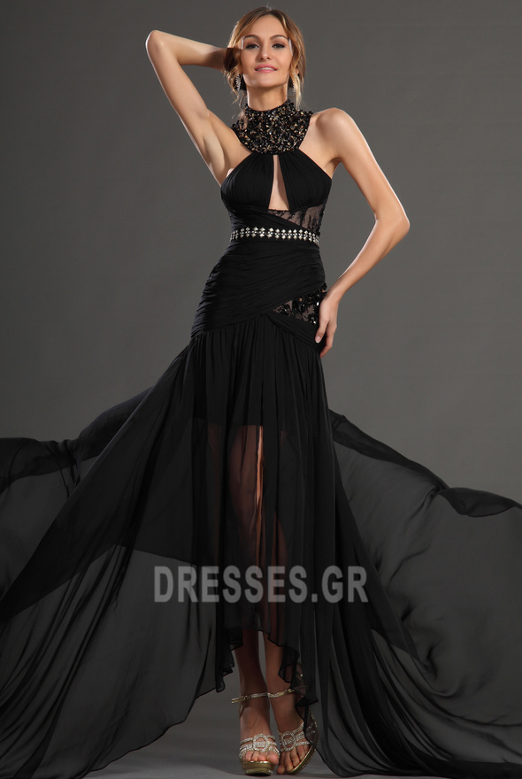 Μαύρο Κλειδαρότρυπα ντεκολτέ Σιφόν Χαμηλή Μέση Μπάλα φορέματα