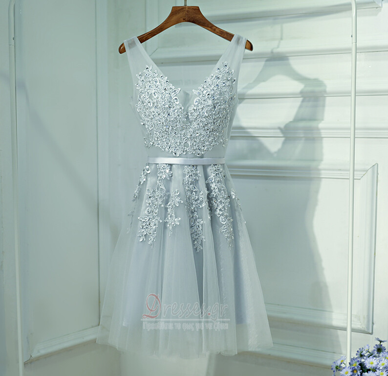 Παράνυμφος φορέματα Τούλι Μέχρι το Γόνατο πιέτα Ρομαντικό εξώπλατο Γραμμή Α