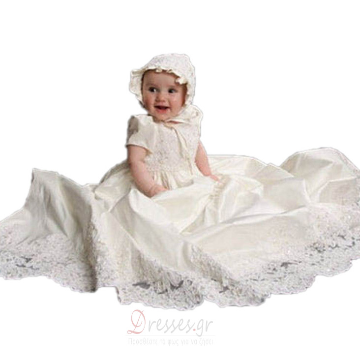 Σατέν Φυσικό Κόσμημα Κοντομάνικο Δαντέλα Φόρεμα Βάπτισης